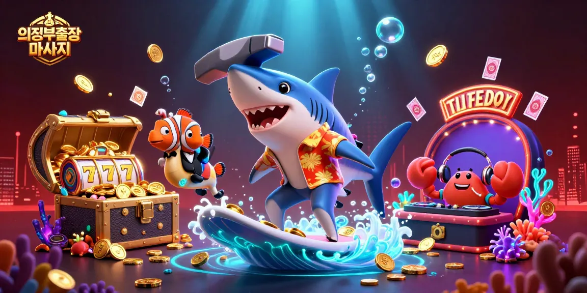 Experience the ultimate 의정부출장마사지 with vibrant casino-themed characters surfing on gold coins, surrounded by lively game elements.