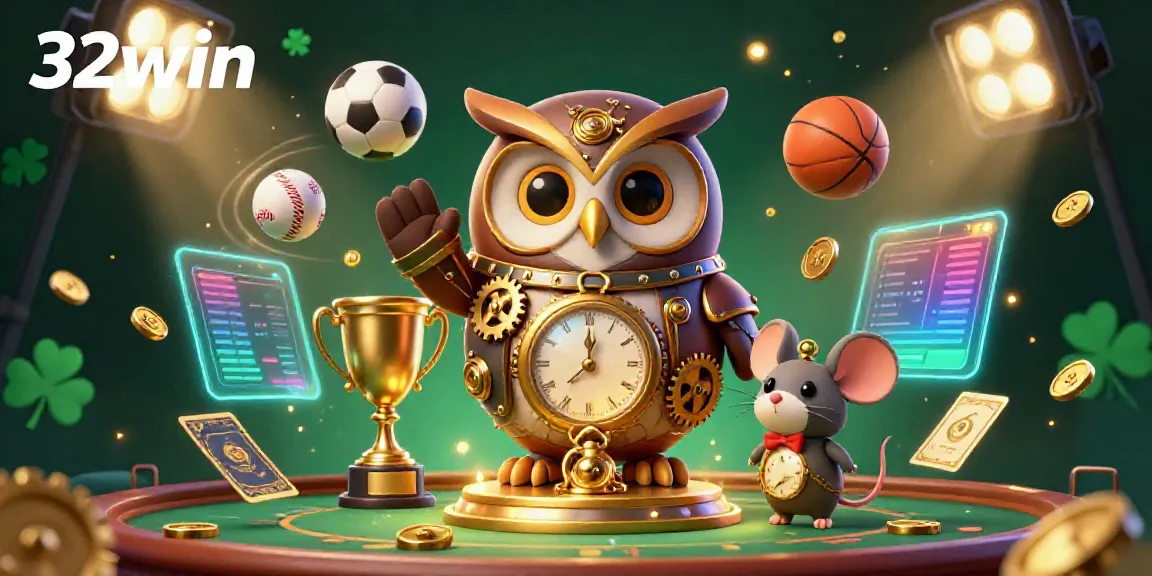Engage in the world of 32win with a vibrant and dynamic 3D casino scene illustrating sports-themed elements.