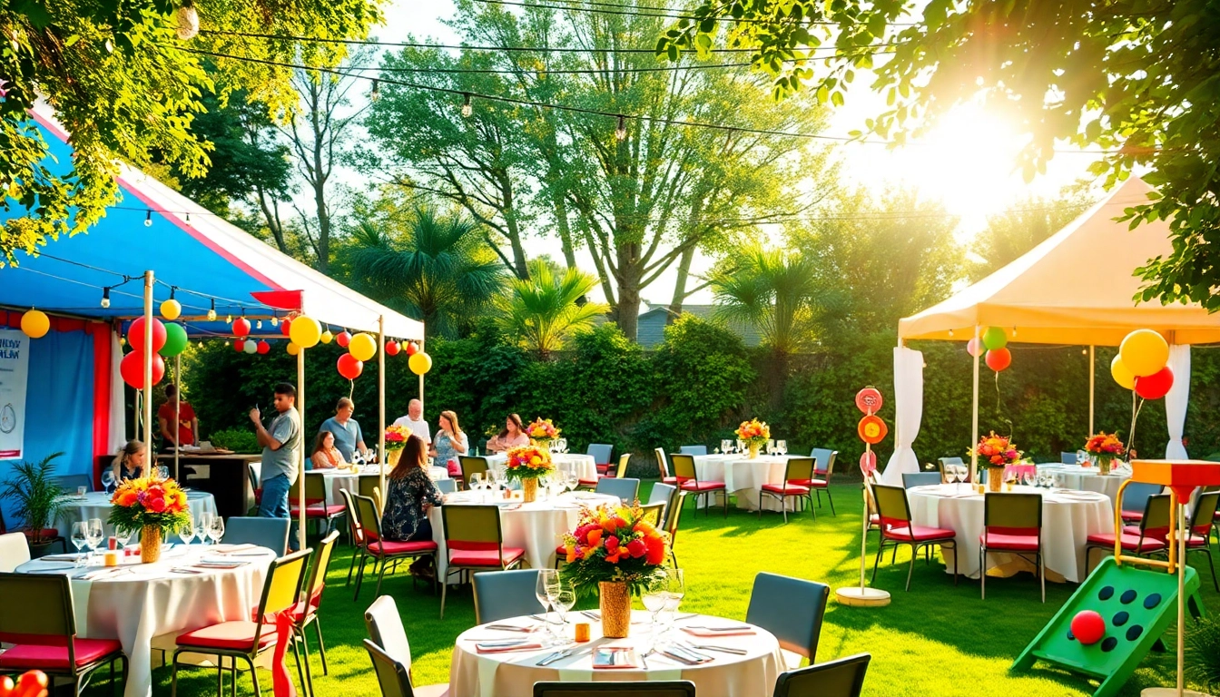 Guests enjoy Outdoor Party Rentals in a colorful garden setup with tents and festive decorations.