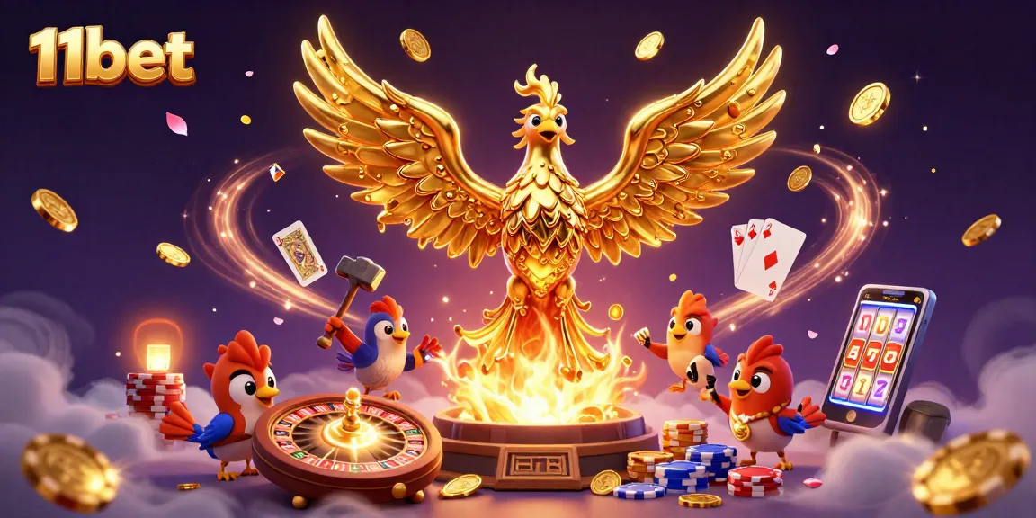 Experience the thrill of 11bet with a magical casino scene featuring a golden phoenix and vibrant game elements.
