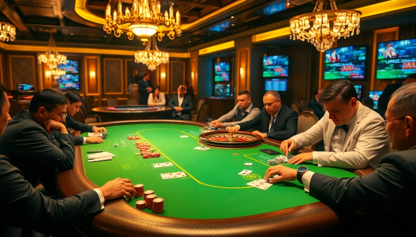 Hoạt động cược đầy hứng khởi tại Trang chủ JD88 với người chơi tham gia Poker và Blackjack tại một casino sang trọng.