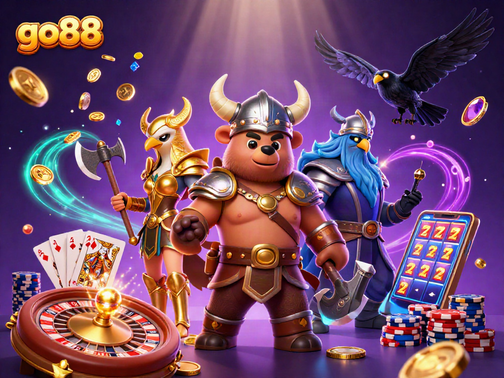 Engage with go88's thrilling casino adventure featuring a Viking berserker and Valkyrie eagle.