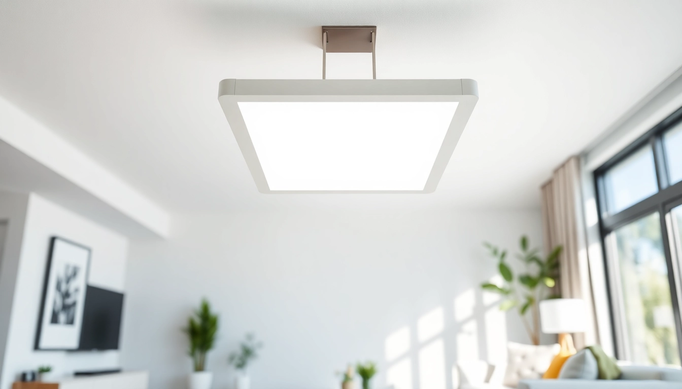 Stylish square light fixture illuminating a modern living room in natural light.