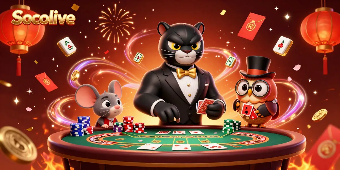 Socolive casino scene featuring charismatic characters engaging in card games, with festive decorations and dynamic elements.