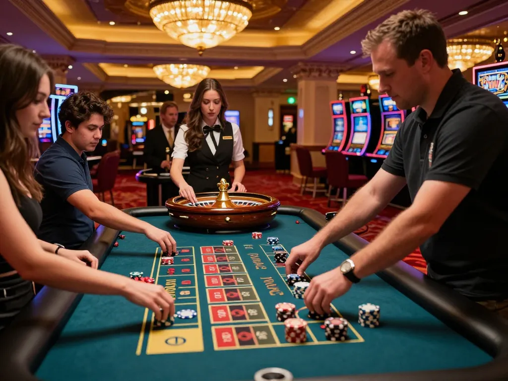 Experience the thrill of the roulette table at 77WIN with players placing bets and croupier in action.