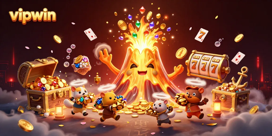 Experience thrilling wins at vipwin with slot reels and golden treasures erupting from a volcano.