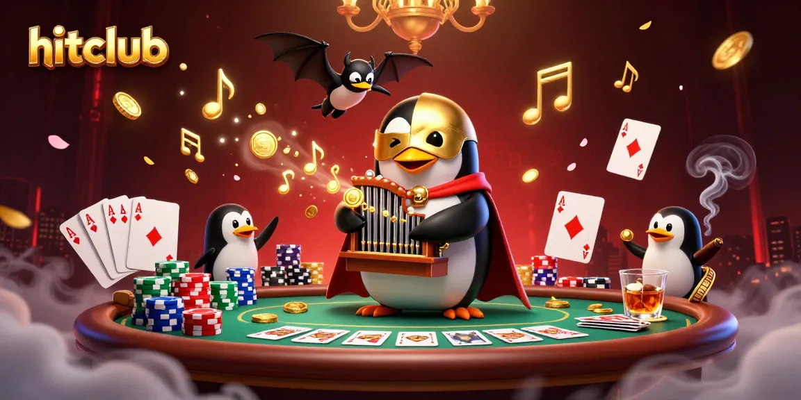 hitclub showcases a vibrant casino scene with a penguin organist, golden coins, and poker delights.