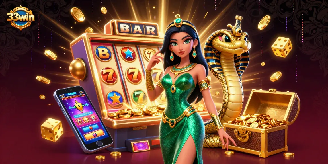 Experience thrilling action at 33win with vibrant slots, a stunning lady in emerald, and a golden cobra amidst jackpot celebrations.