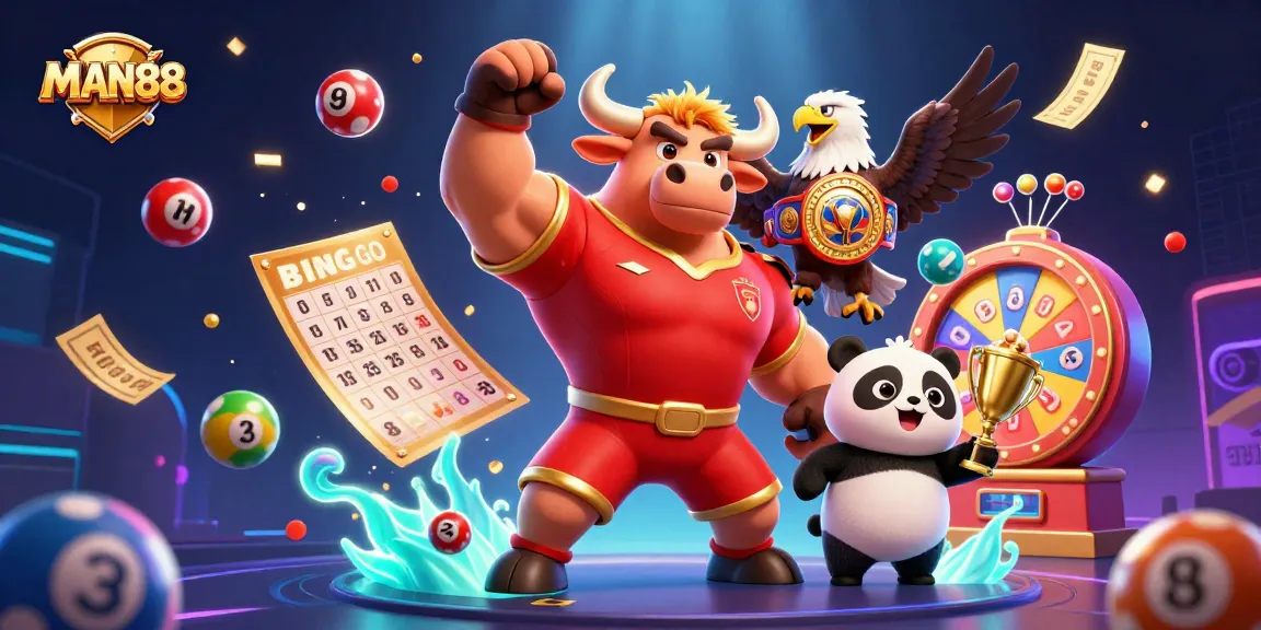 MAN88 celebrates with a victorious bull mascot, eagle, and panda amidst colorful gambling elements.