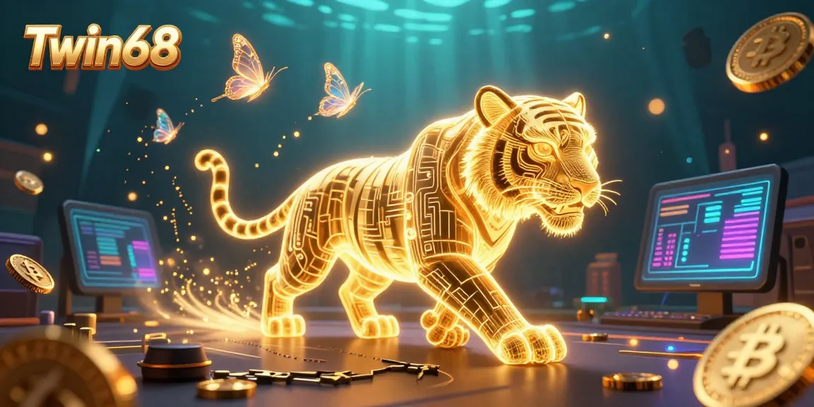Experience thrilling gameplay at Twin68 with a neon-wireframe tiger and cryptocurrency elements in a rich digital casino.