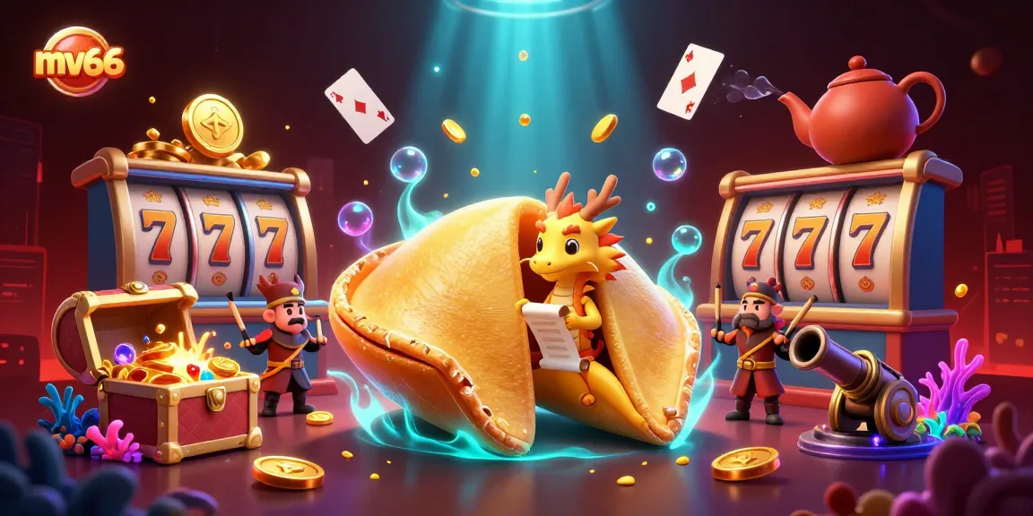 Experience the excitement of mv66 with a vibrant illustration of a fortune cookie and casino elements overflowing with prizes.