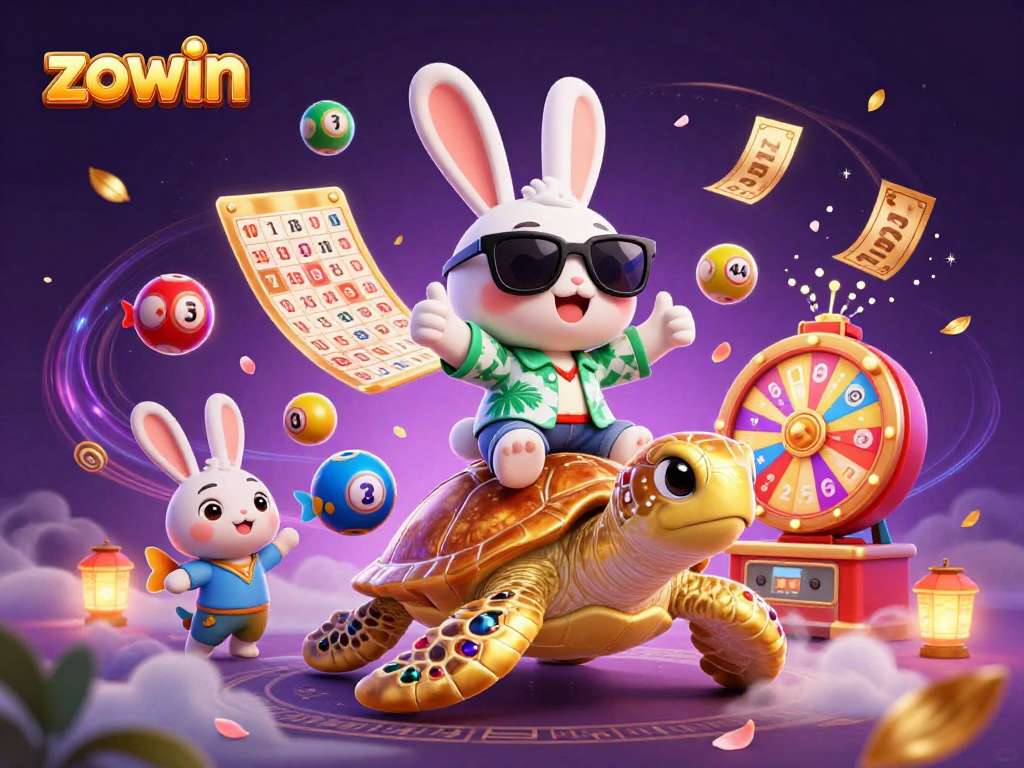 Play exciting games at zowin with vibrant imagery of a lucky rabbit, lottery elements, and a golden sea turtle.