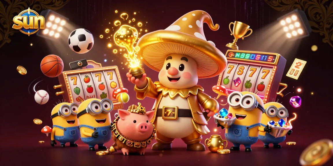 Experience the sun casino magic with a dynamic golden wizard and treasure-hunting pig in an action-packed scene.