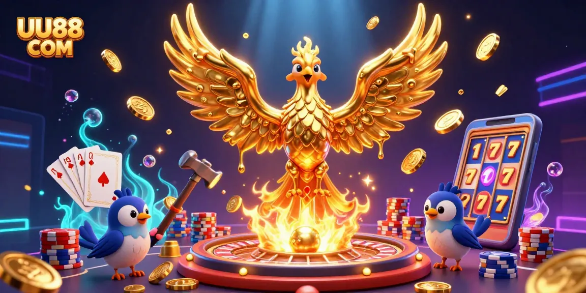 Experience the thrill of UU88 COM's casino magic with molten gold phoenix, coins, and dynamic gaming elements.