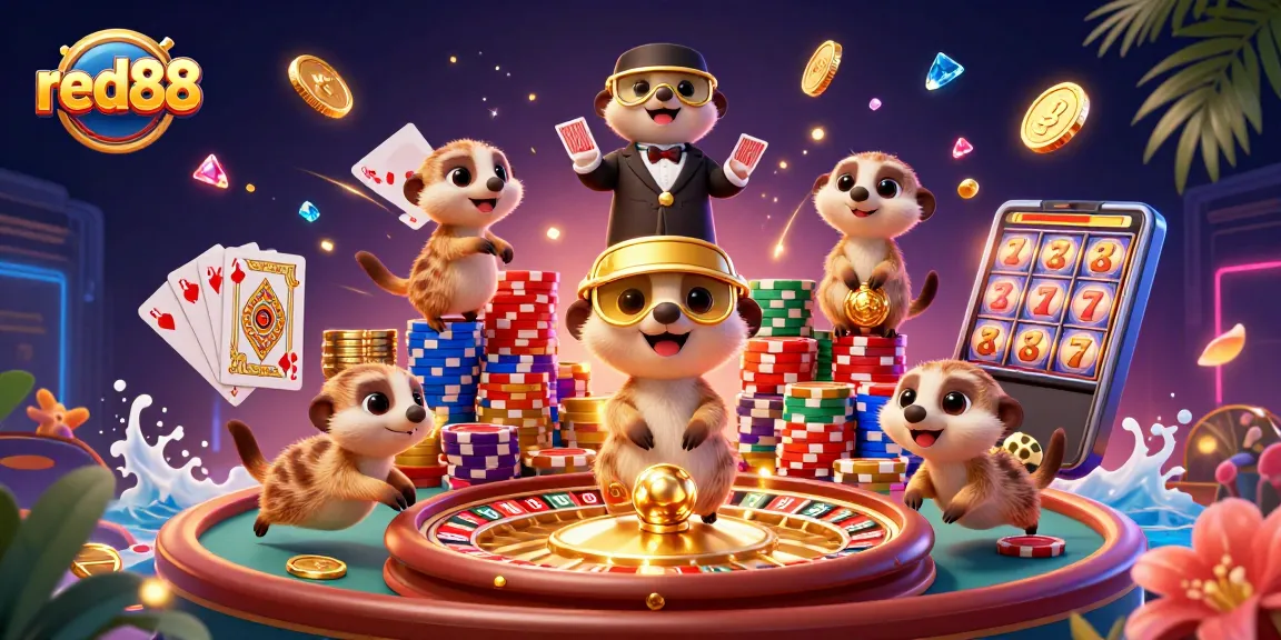 Win with red88 casino's lively meerkat characters engaged in thrilling gambling action.