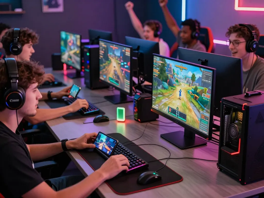 Goal123 players enjoying thrilling online gaming experience in a modern setup.
