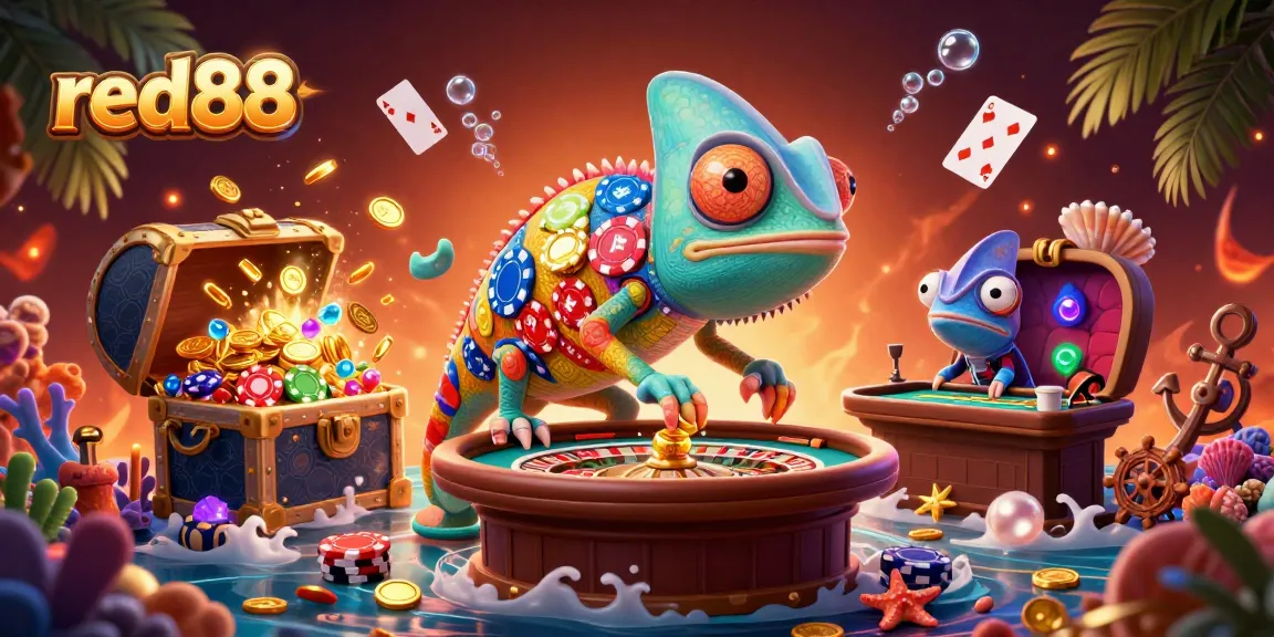 Experience vibrant gameplay with the red88 chameleon casino owner collecting coins amidst dynamic casino elements.