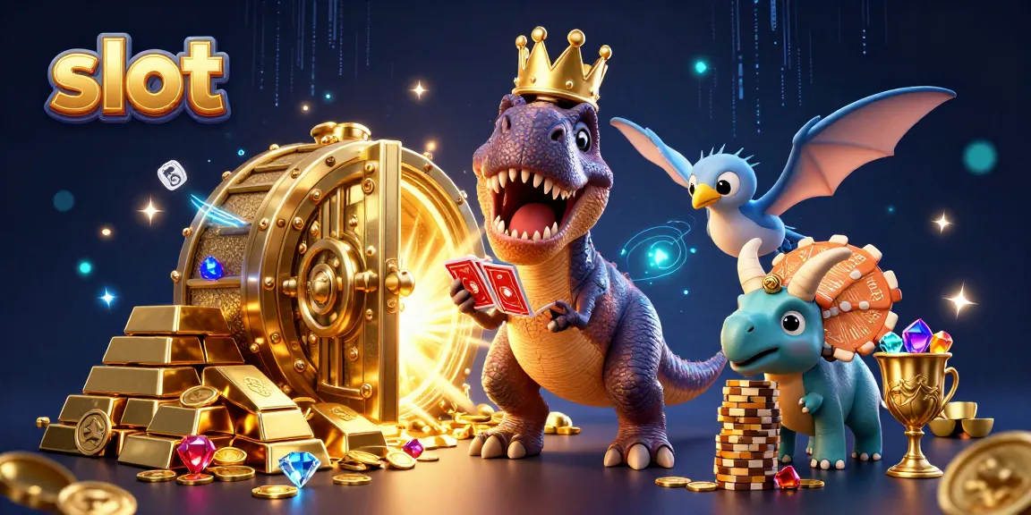 Spin slots with excitement in this vibrant 3D casino scene featuring colorful characters and treasures.