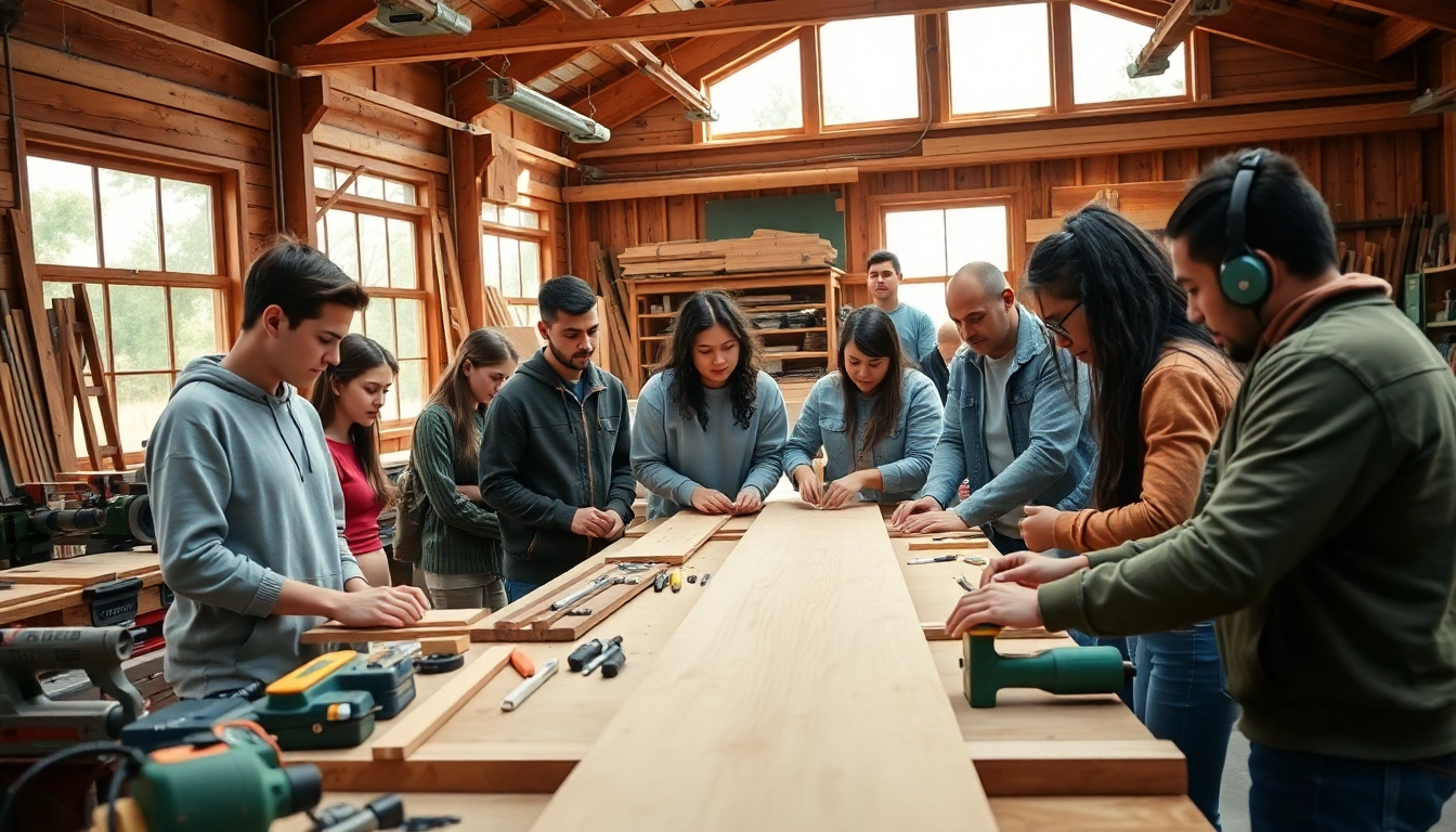 Participating in hands-on construction classes, students engage in woodworking projects in a vibrant workshop.