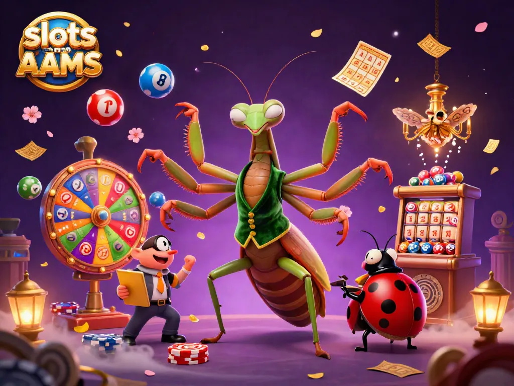 Slot non AAMS: la mantide gigante distribuisce giochi in un casino animato.