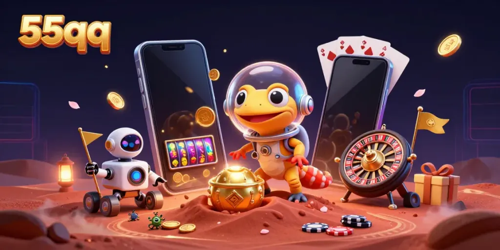 Win big with 55qq at a futuristic casino discovered on Mars, showcasing vibrant slot games and gaming elements.
