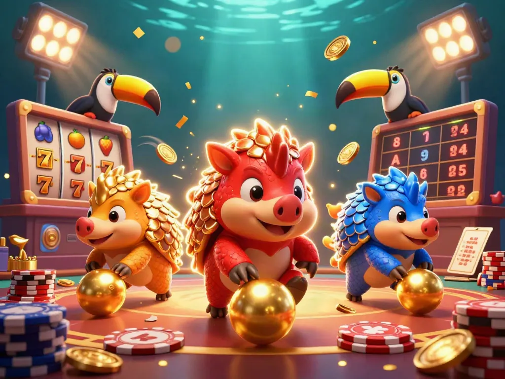I migliori casinò online in un'illustrazione ricca di dettagli con protagonisti pangolini rivali tra simboli e giochi d'azzardo.