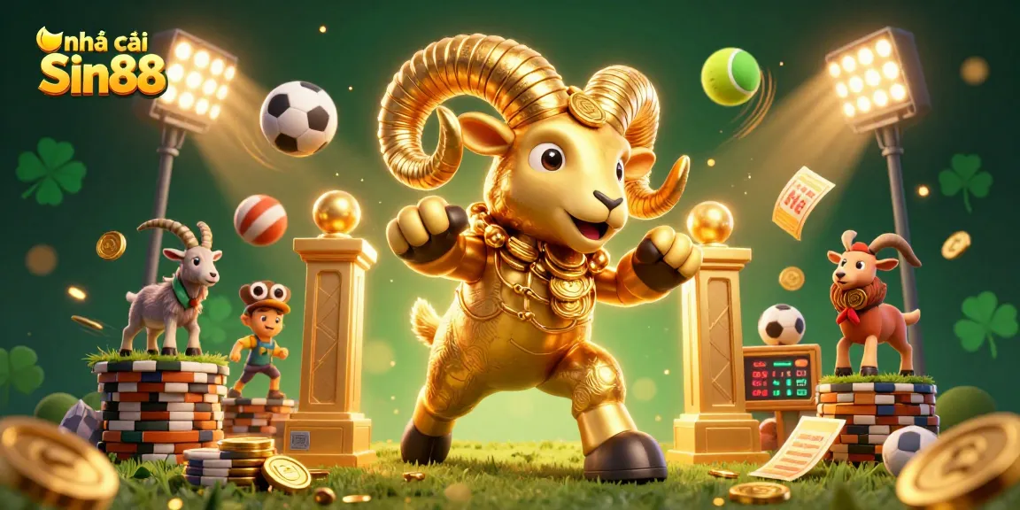 Experience thrilling wins with nhà cái Sin88, featuring dynamic sports elements and a golden ram in an exciting casino scene.