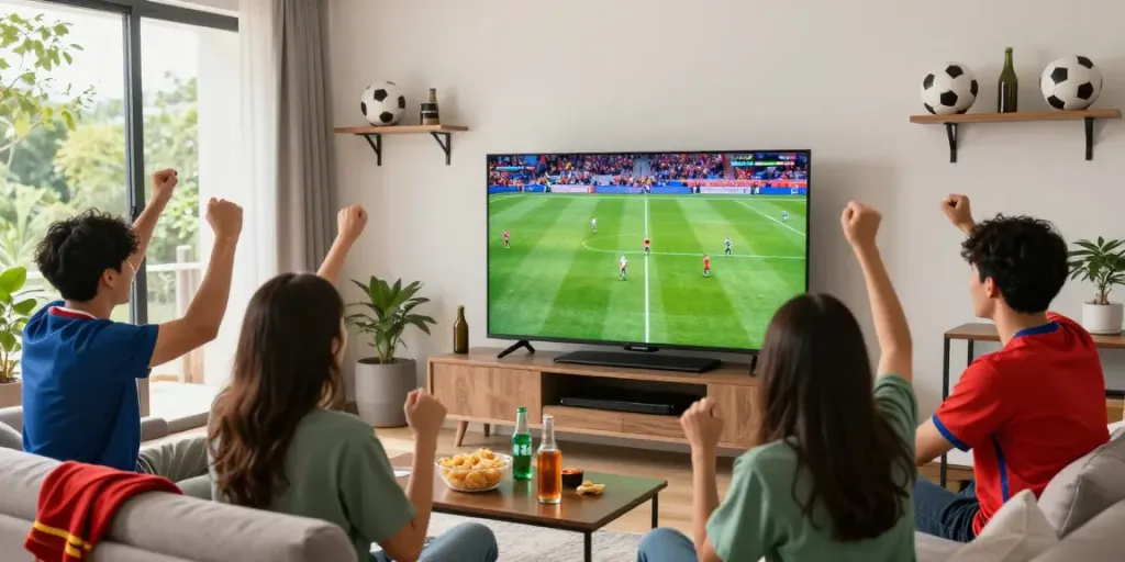 Friends enjoying a football match together while watching gavangtv.study in HD.