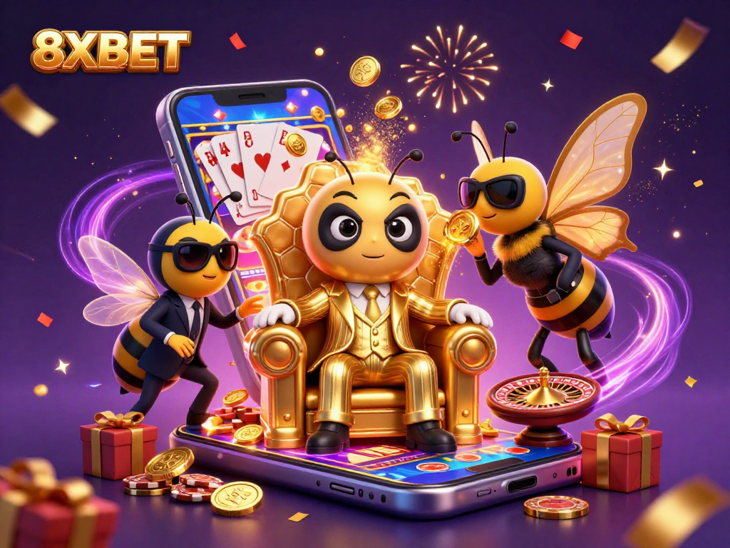 Spin the reels and win with 8XBET's exciting gaming elements in a vibrant casino illustration.