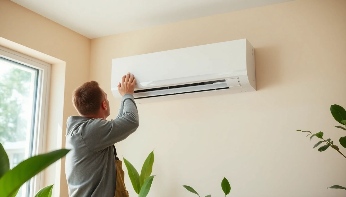 Technician installing a mini split ac in a modern home setting with natural light and indoor plants.