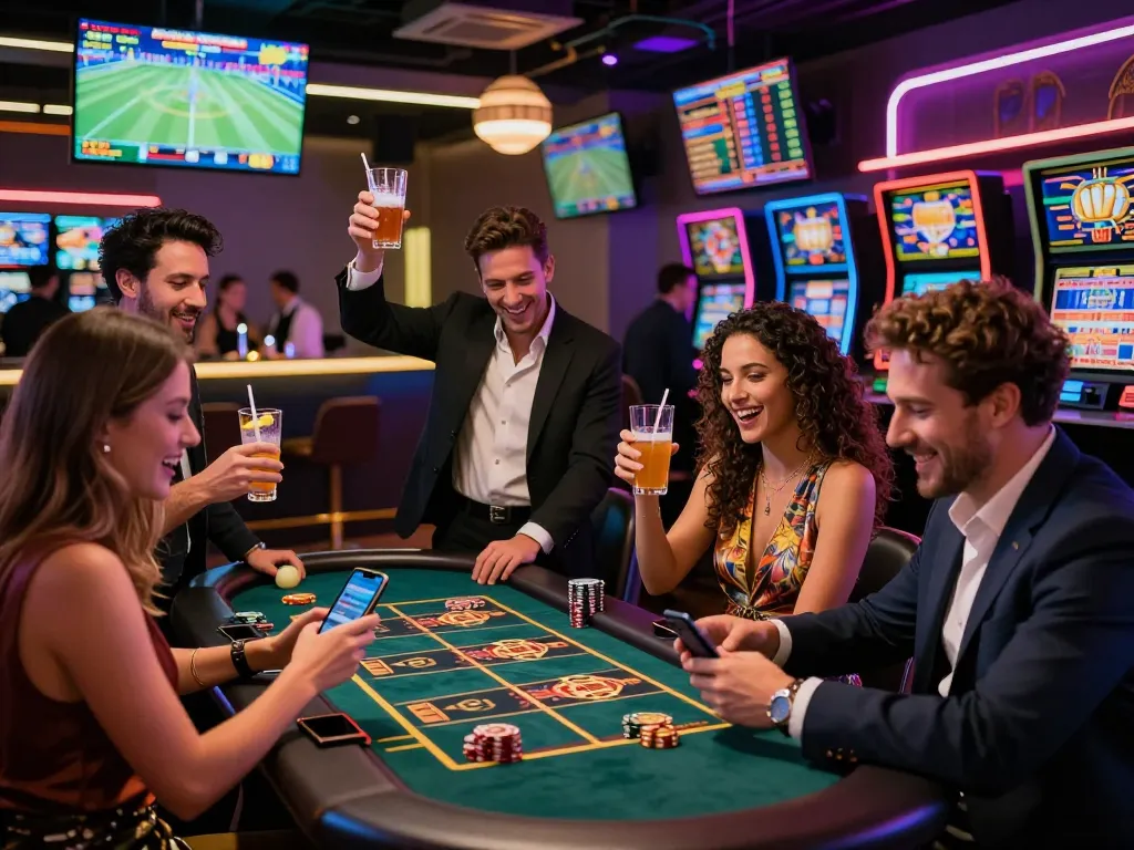 Friends enjoying their time at VN88's online casino, celebrating wins with excitement and drinks in a lively atmosphere.