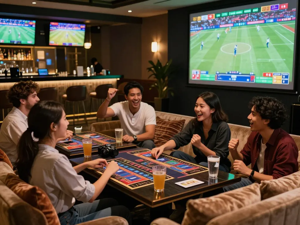 Friends enjoying live sports betting at Fly88 with screens displaying thrilling matches.