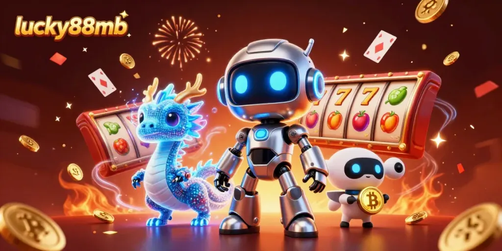 Experience thrilling gameplay with lucky88mb, featuring unique characters amidst cascading slot reels and gold coins.