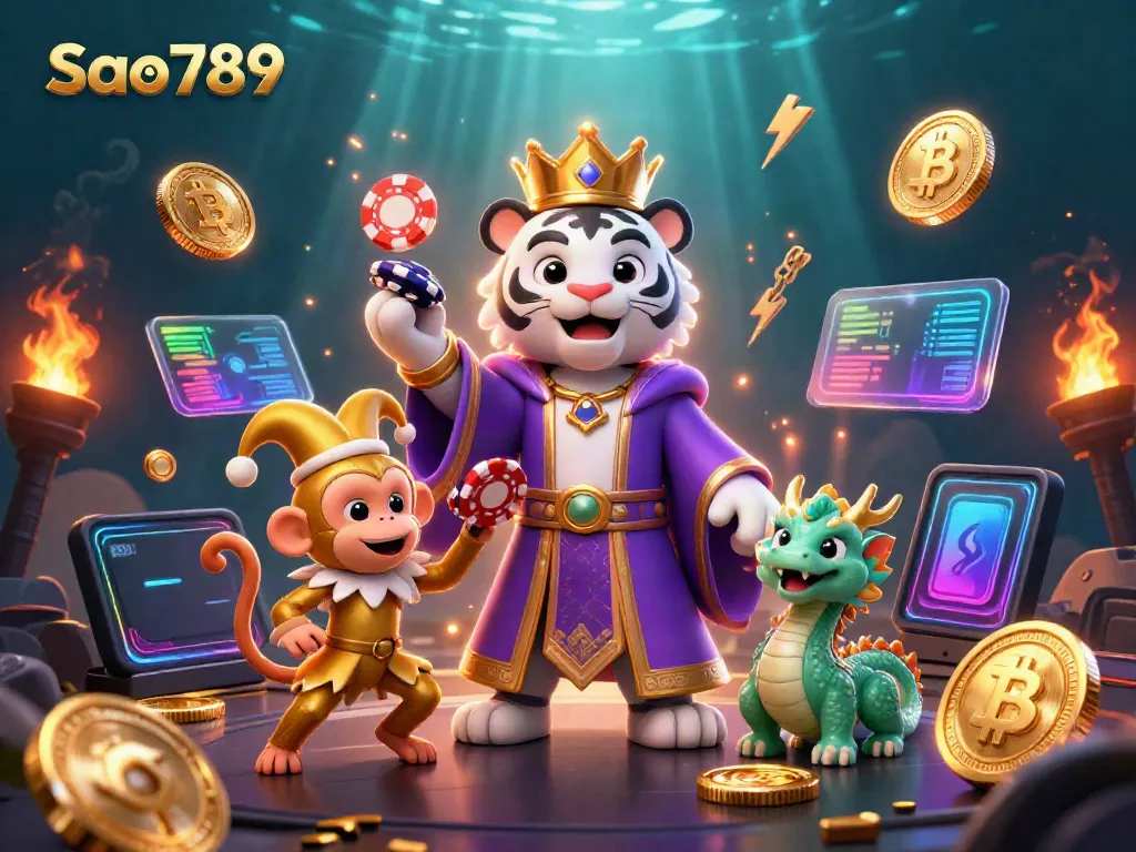 Experience the thrill of Sao789 as a white tiger and monkey celebrate with vibrant gambling elements.