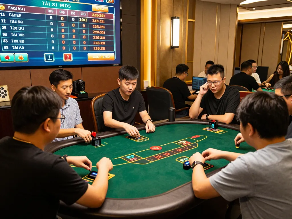 Tài xỉu MD5 game in action with players eagerly betting and screen displaying live results