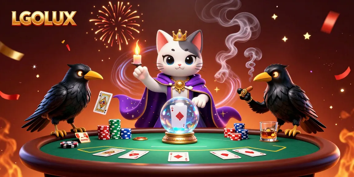 Engage with LGOLUX's mystical gaming world featuring a fortune teller cat, raven, and poker elements in vibrant 3D.