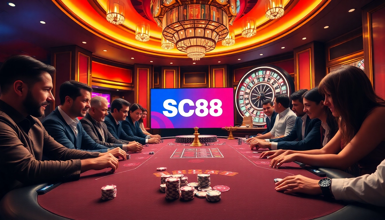 Exciting SC88 poker table scene with vibrant chips and cards, showcasing luxury gambling experience.