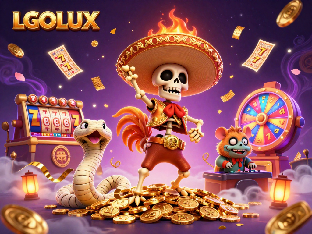 Experience thrilling slot action with LGOLUX as cartoon characters dance atop a pile of golden coins.