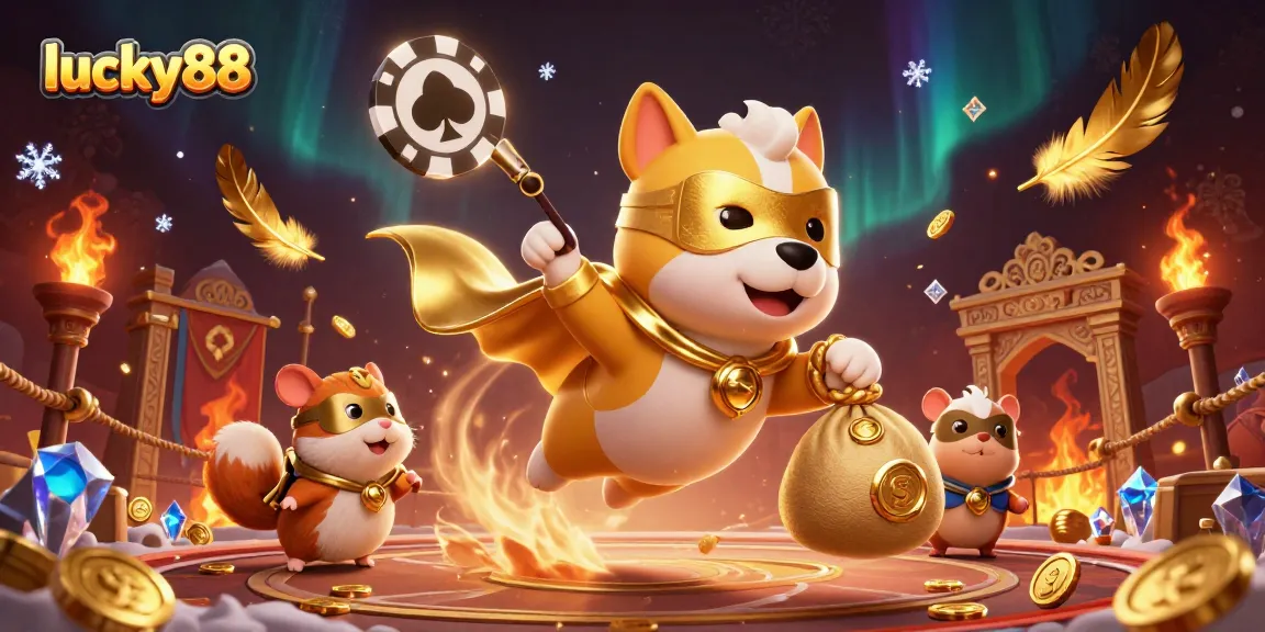 Embrace winning moments with lucky88 as a superhero dog and sidekick hamster chase golden coins in a vibrant casino scene.