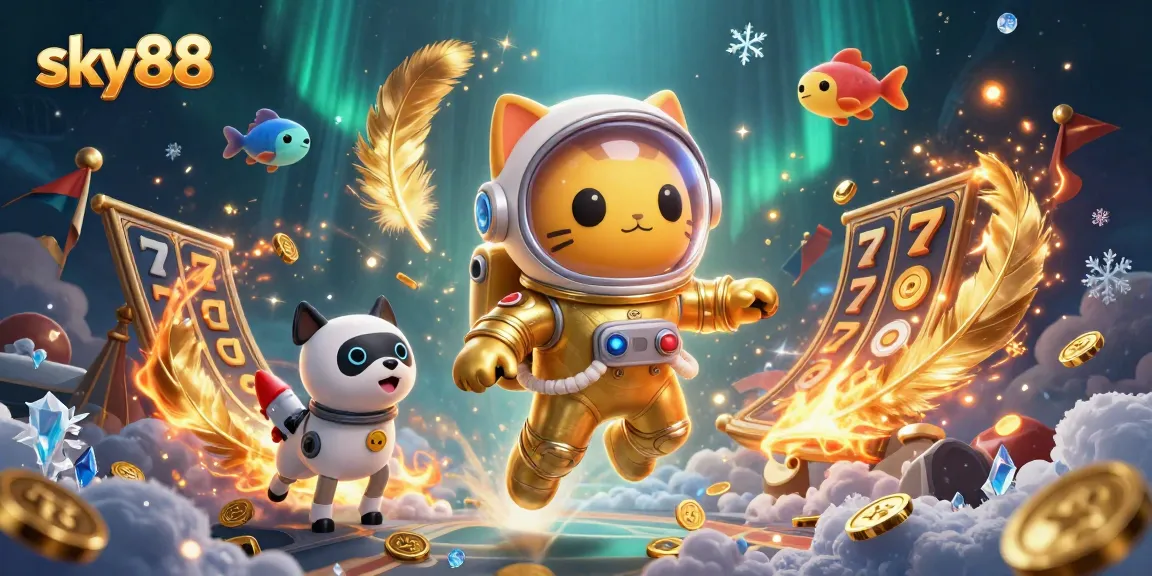 Experience thrilling games at sky88 with vibrant 3D illustration showcasing exciting slot action and casino excitement.