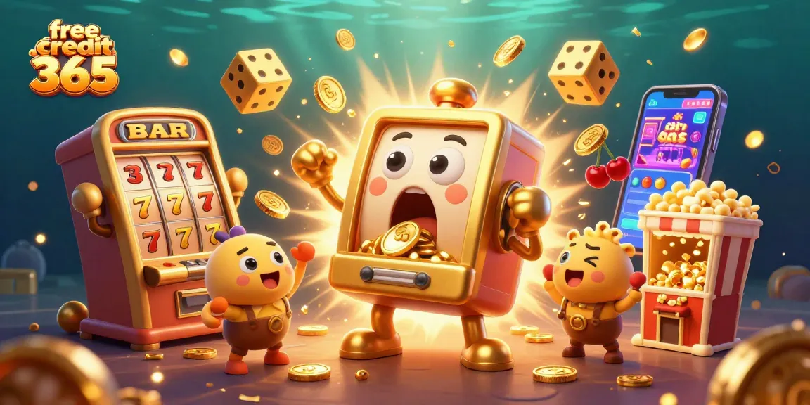 Win big with free credit 365 as the golden slot machine celebrates a jackpot, coins flying everywhere!