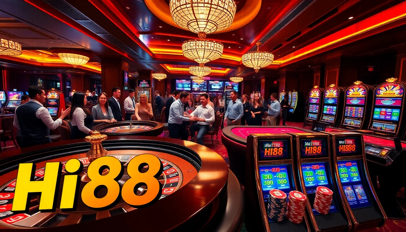 Players enjoying high-stakes games at Hi88 Casino, showcasing luxury and excitement.