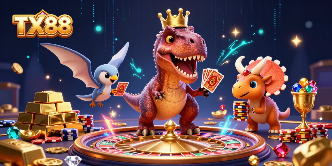 Experience the thrill of TX88 with a colorful casino scene featuring T-Rex shuffling cards.