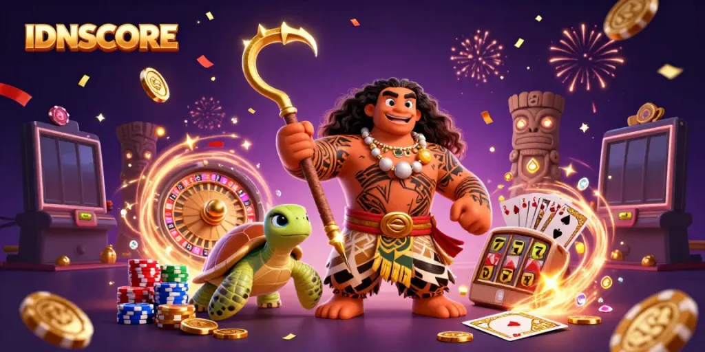 IDNSCORE showcases a vibrant scene with a Polynesian demigod hawk and turtle amidst gaming elements, inviting players to join.