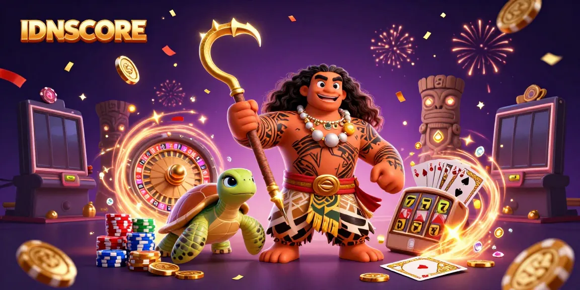 IDNSCORE showcases a vibrant scene with a Polynesian demigod hawk and turtle amidst gaming elements, inviting players to join.
