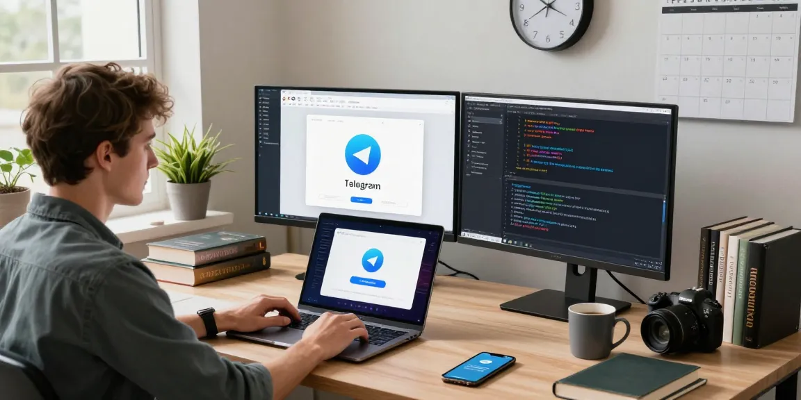 Downloading Telegram on a laptop in a modern tech workspace, showcasing the user experience.