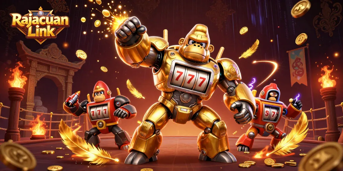Rajacuan Link slot gacor dengan gorila emas mekanik dan efek dramatis permainan.