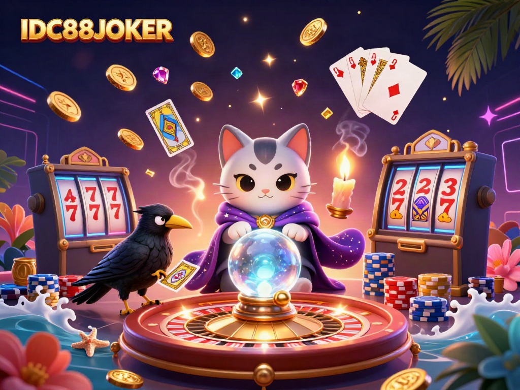Engage in winning strategies at IDC88JOKER with a vibrant illustration of a mystic cat and raven surrounded by casino elements.