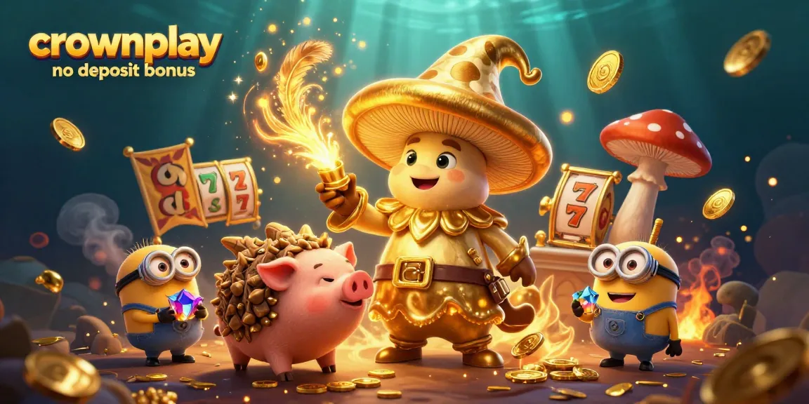 Crownplay no deposit bonus illustrated with a golden wizard, truffle pig, and vibrant casino elements.
