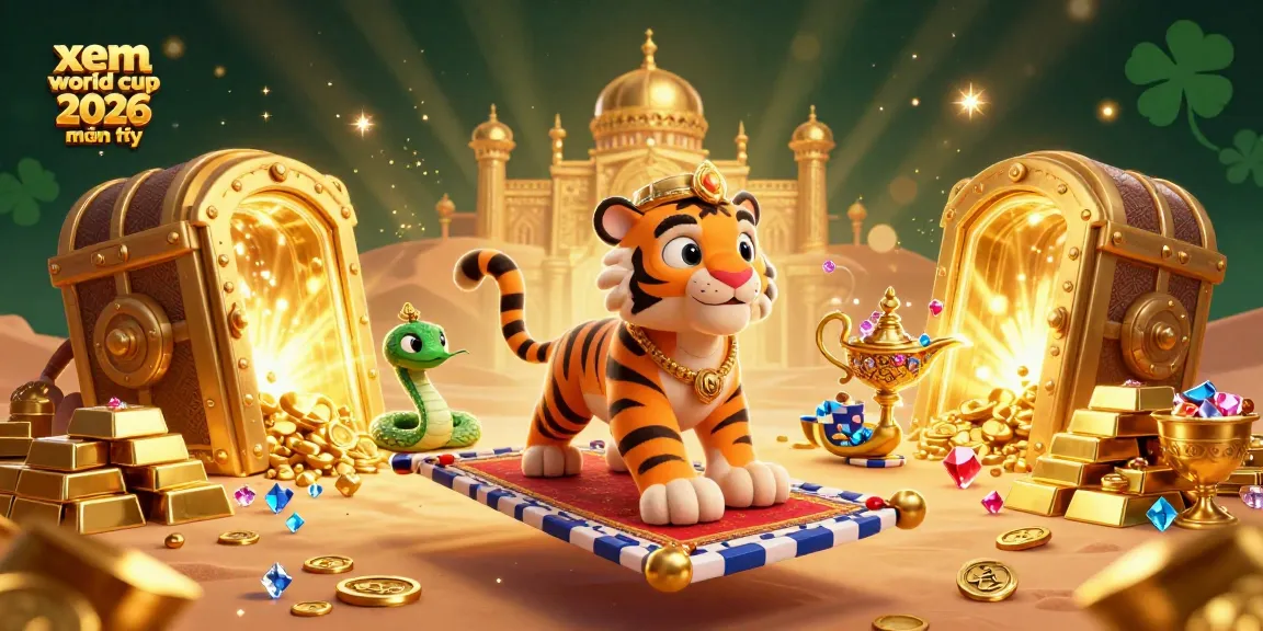 Experience xem world cup 2026 miễn phí with a vibrant 3D casino illustration featuring a tiger sultan and magical treasures.